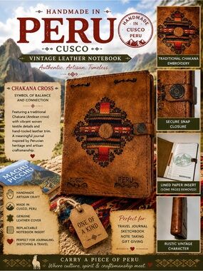 Vintage Handmade Cusco Peru Leather Notebook Journal Chakana Cross Folk Art
